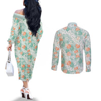Anthurium Plumeria Lei Pastel Couples Matching Off The Shoulder Long Sleeve Dress and Long Sleeve Button Shirt Teal Hawaiian Splendid Palaka