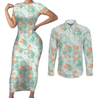 Anthurium Plumeria Lei Pastel Couples Matching Short Sleeve Bodycon Dress and Long Sleeve Button Shirt Teal Hawaiian Splendid Palaka
