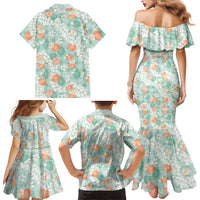 Anthurium Plumeria Lei Pastel Family Matching Mermaid Dress and Hawaiian Shirt Teal Hawaiian Splendid Palaka
