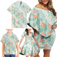 Anthurium Plumeria Lei Pastel Family Matching Off Shoulder Short Dress and Hawaiian Shirt Teal Hawaiian Splendid Palaka