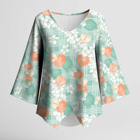 Anthurium Plumeria Lei Pastel Kimono Sleeve Blouse Teal Hawaiian Splendid Palaka LT01 Female Teal - Polynesian Pride