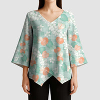Anthurium Plumeria Lei Pastel Kimono Sleeve Blouse Teal Hawaiian Splendid Palaka LT01 - Polynesian Pride