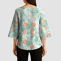 Anthurium Plumeria Lei Pastel Kimono Sleeve Blouse Teal Hawaiian Splendid Palaka LT01 - Polynesian Pride