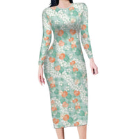 Anthurium Plumeria Lei Pastel Long Sleeve Bodycon Dress Teal Hawaiian Splendid Palaka LT01 Long Dress Teal - Polynesian Pride
