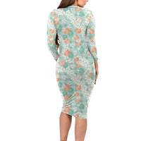 Anthurium Plumeria Lei Pastel Long Sleeve Bodycon Dress Teal Hawaiian Splendid Palaka LT01 - Polynesian Pride