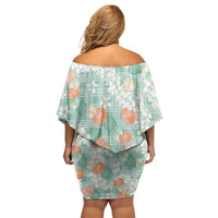Anthurium Plumeria Lei Pastel Off Shoulder Short Dress Teal Hawaiian Splendid Palaka LT01 - Polynesian Pride