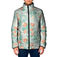 Anthurium Plumeria Lei Pastel Padded Jacket Teal Hawaiian Splendid Palaka LT01 Men Teal - Polynesian Pride
