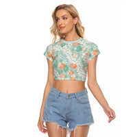 Anthurium Plumeria Lei Pastel Raglan Cropped T Shirt Teal Hawaiian Splendid Palaka LT01 Female Teal - Polynesian Pride