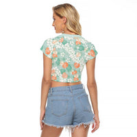 Anthurium Plumeria Lei Pastel Raglan Cropped T Shirt Teal Hawaiian Splendid Palaka LT01 - Polynesian Pride