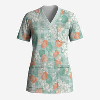 Anthurium Plumeria Lei Pastel Scrub Top Teal Hawaiian Splendid Palaka LT01 Adult Teal - Polynesian Pride