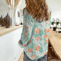 Anthurium Plumeria Lei Pastel Women Casual Shirt Teal Hawaiian Splendid Palaka LT01 - Polynesian Pride
