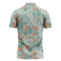 Anthurium Plumeria Lei Pastel Zipper Polo Shirt Teal Hawaiian Splendid Palaka LT01 - Polynesian Pride