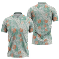 Anthurium Plumeria Lei Pastel Zipper Polo Shirt Teal Hawaiian Splendid Palaka LT01 - Polynesian Pride