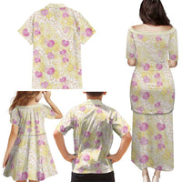 Anthurium Plumeria Lei Pastel Family Matching Puletasi and Hawaiian Shirt Yellow Hawaiian Splendid Palaka
