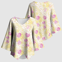 Anthurium Plumeria Lei Pastel Kimono Sleeve Blouse Yellow Hawaiian Splendid Palaka LT01 - Polynesian Pride