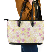 Anthurium Plumeria Lei Pastel Leather Tote Bag Yellow Hawaiian Splendid Palaka LT01 - Polynesian Pride
