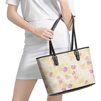 Anthurium Plumeria Lei Pastel Leather Tote Bag Yellow Hawaiian Splendid Palaka LT01 - Polynesian Pride