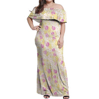 Anthurium Plumeria Lei Pastel Off Shoulder Maxi Dress Yellow Hawaiian Splendid Palaka LT01 Women Yellow - Polynesian Pride