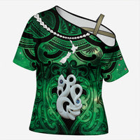 Personalised Maori Matariki Manaia Kakariki Cross Shoulder Shirt Maori Kowhaiwhai Pattern Galaxy LT01 Female Green - Polynesian Pride