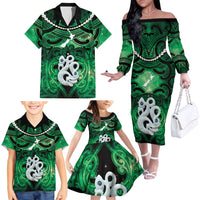 Personalised Maori Matariki Manaia Kakariki Family Matching Off The Shoulder Long Sleeve Dress and Hawaiian Shirt Maori Kowhaiwhai Pattern Galaxy