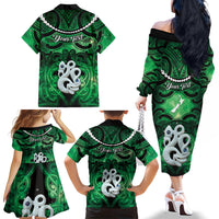 Personalised Maori Matariki Manaia Kakariki Family Matching Off The Shoulder Long Sleeve Dress and Hawaiian Shirt Maori Kowhaiwhai Pattern Galaxy