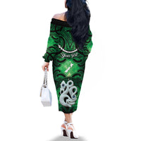 Personalised Maori Matariki Manaia Kakariki Family Matching Off The Shoulder Long Sleeve Dress and Hawaiian Shirt Maori Kowhaiwhai Pattern Galaxy
