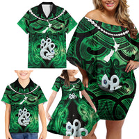Personalised Maori Matariki Manaia Kakariki Family Matching Off Shoulder Short Dress and Hawaiian Shirt Maori Kowhaiwhai Pattern Galaxy