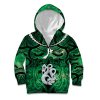 Personalised Maori Matariki Manaia Kakariki Kid Hoodie Maori Kowhaiwhai Pattern Galaxy LT01 Zip Hoodie Green - Polynesian Pride