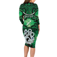 Personalised Maori Matariki Manaia Kakariki Long Sleeve Bodycon Dress Maori Kowhaiwhai Pattern Galaxy LT01 - Polynesian Pride
