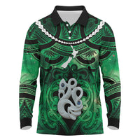 Personalised Maori Matariki Manaia Kakariki Long Sleeve Polo Shirt Maori Kowhaiwhai Pattern Galaxy LT01 Green - Polynesian Pride