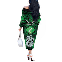 Personalised Maori Matariki Manaia Kakariki Off The Shoulder Long Sleeve Dress Maori Kowhaiwhai Pattern Galaxy LT01 - Polynesian Pride