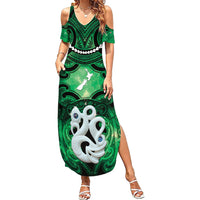Personalised Maori Matariki Manaia Kakariki Summer Maxi Dress Maori Kowhaiwhai Pattern Galaxy LT01 Women Green - Polynesian Pride
