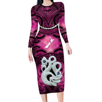 Personalised Maori Matariki Manaia Mawhero Long Sleeve Bodycon Dress Maori Kowhaiwhai Pattern Galaxy LT01 Long Dress Pink - Polynesian Pride