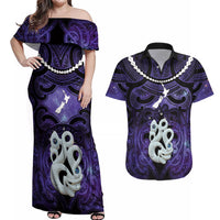 Personalised Maori Matariki Manaia Waiporoporo Couples Matching Off Shoulder Maxi Dress and Hawaiian Shirt Maori Kowhaiwhai Pattern Galaxy