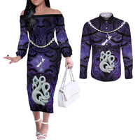 Personalised Maori Matariki Manaia Waiporoporo Couples Matching Off The Shoulder Long Sleeve Dress and Long Sleeve Button Shirt Maori Kowhaiwhai Pattern Galaxy