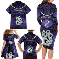 Personalised Maori Matariki Manaia Waiporoporo Family Matching Long Sleeve Bodycon Dress and Hawaiian Shirt Maori Kowhaiwhai Pattern Galaxy