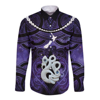 Personalised Maori Matariki Manaia Waiporoporo Long Sleeve Button Shirt Maori Kowhaiwhai Pattern Galaxy LT01 Unisex Purple - Polynesian Pride