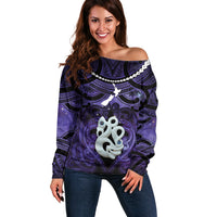 Personalised Maori Matariki Manaia Waiporoporo Off Shoulder Sweater Maori Kowhaiwhai Pattern Galaxy LT01 Women Purple - Polynesian Pride