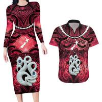 Personalised Maori Matariki Manaia Whero Couples Matching Long Sleeve Bodycon Dress and Hawaiian Shirt Maori Kowhaiwhai Pattern Galaxy