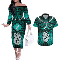 Personalised Maori Matariki Manaia Turquoise Couples Matching Off The Shoulder Long Sleeve Dress and Hawaiian Shirt Maori Kowhaiwhai Pattern Galaxy
