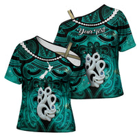 Personalised Maori Matariki Manaia Turquoise Cross Shoulder Shirt Maori Kowhaiwhai Pattern Galaxy LT01 - Polynesian Pride