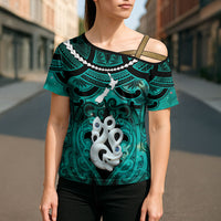 Personalised Maori Matariki Manaia Turquoise Cross Shoulder Shirt Maori Kowhaiwhai Pattern Galaxy LT01 - Polynesian Pride