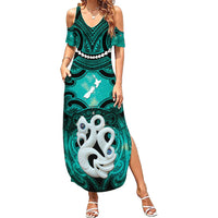 Personalised Maori Matariki Manaia Turquoise Family Matching Summer Maxi Dress and Hawaiian Shirt Maori Kowhaiwhai Pattern Galaxy