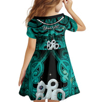 Personalised Maori Matariki Manaia Turquoise Kid Short Sleeve Dress Maori Kowhaiwhai Pattern Galaxy LT01 - Polynesian Pride