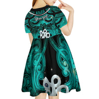Personalised Maori Matariki Manaia Turquoise Kid Short Sleeve Dress Maori Kowhaiwhai Pattern Galaxy LT01 - Polynesian Pride