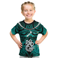 Personalised Maori Matariki Manaia Turquoise Kid T Shirt Maori Kowhaiwhai Pattern Galaxy LT01 Turquoise - Polynesian Pride