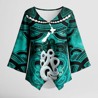 Personalised Maori Matariki Manaia Turquoise Kimono Sleeve Blouse Maori Kowhaiwhai Pattern Galaxy LT01 Female Turquoise - Polynesian Pride