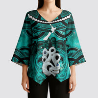 Personalised Maori Matariki Manaia Turquoise Kimono Sleeve Blouse Maori Kowhaiwhai Pattern Galaxy LT01 - Polynesian Pride