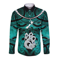 Personalised Maori Matariki Manaia Turquoise Long Sleeve Button Shirt Maori Kowhaiwhai Pattern Galaxy LT01 Unisex Turquoise - Polynesian Pride