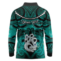 Personalised Maori Matariki Manaia Turquoise Long Sleeve Polo Shirt Maori Kowhaiwhai Pattern Galaxy LT01 - Polynesian Pride